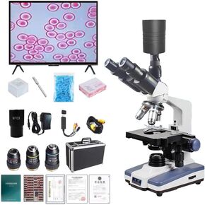 Compound Microscope for Adults Kids, Professional Biological Microscope for Students, School Lab & Home Education, with Slides Set and LCD Display Screen (17" Screen Monocular Black Background)