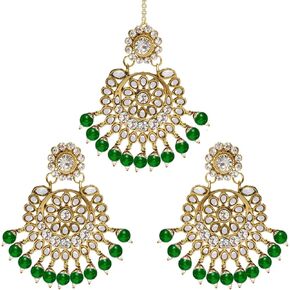 Aheli Exquisite Design Faux Kundan Beaded Earrings Maang Tikka Set Ethnic Indian Jewelry for Women White in Saudi Arabia