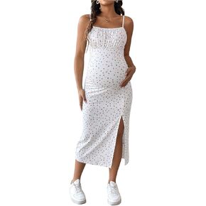 OYOANGLE Women's Maternity Ditsy Floral Print Midi Cami Dress Ruched Split Thigh Pregnancy Dresses