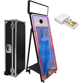 65''Magic Mirror Photo Booth Machine,Mirror Photo Booth 43''Touch Screen,Photo Booth with Flight Case,App Control,RGB Light for Wedding Party Events (Black, Machine)