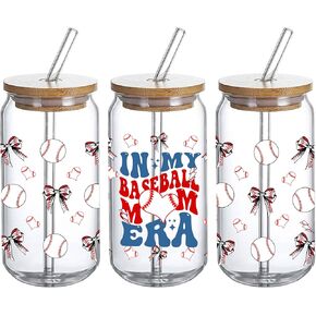 UVDTF Mother's Day Glass Can Wrap 16oz (3pcs) - Baseball Mom Era - Baseball Bow uvdtf Transfer Wraps, mom 16oz Glass Cups -Gift for Mom - Gift for Dad, Friends, Girlfriend Decal