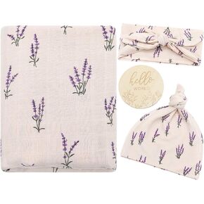 LifeTree Muslin Swaddle Blankets, Muslin Baby Boy Swaddle Blanket, Headband and Hat Set with Birth Announcement Card, Newborn Unisex Receiving Organic Cotton Blankets, Lavender Pattern