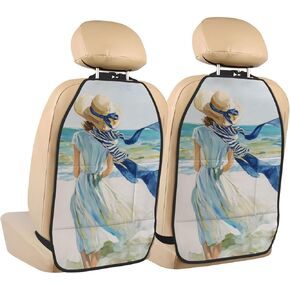 Elegant Woman In Beach Hat Car Seat Back Kick Protectors,2 Pack Kick Mats With Storage Pockets For Vehicles To Protect From Dirt Mud Scratches