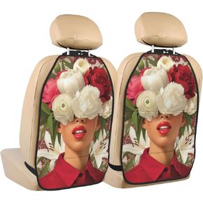 Red Lips Woman Peonies Lilies Flowers Car Seat Back Kick Protectors,2 Pack Kick Mats With Storage Pockets For Vehicles To Protect From Dirt Mud Scratches
