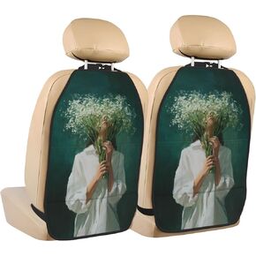 Woman White Flower Dark Emerald Green Car Seat Back Kick Protectors,2 Pack Kick Mats With Storage Pockets For Vehicles To Protect From Dirt Mud Scratches