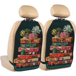 Books Potted Plants Dark Emerald Green Car Seat Back Kick Protectors,2 Pack Kick Mats With Storage Pockets For Vehicles To Protect From Dirt Mud Scratches