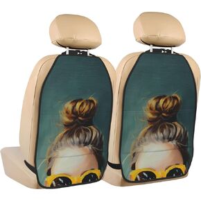 Woman Face Hair Bun Yellow Sunglasses Car Seat Back Kick Protectors,2 Pack Kick Mats With Storage Pockets For Vehicles To Protect From Dirt Mud Scratches