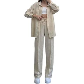 Womens Button Down Shirt Two Piece Sets Summer Outfits Fashion Solid Loose Drawstring Wide Leg Straight Pants Suits