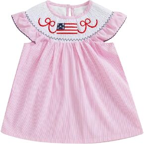 MoZiKQin 4th of July Baby Girl Outfit Toddler USA Dress Ruffle Sleeve American Flag Smocked Dresses Fourth of July Outfit