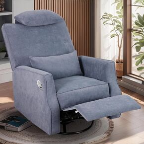 Nursery Swivel Glider Recliner Chair Chenille Upholstered Accent Glider Rocker Recliner with Headrest and Lumbar Support Pillow for Nursery Living Room Bedroom (White)