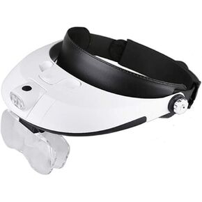 Headband Magnifier with 2 LED Light, Hands Free Reading Magnifiers Head Mounted Jeweler Watch Magnifier 5 Replaceable A Lenses, Comfortable Birthday Magnifying Lamp