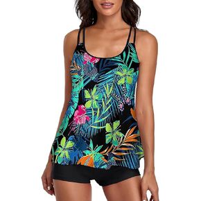 Tummy Control Two Piece Bathing Suits Split Bathing Suit Swimwear Tank Top with Swim Shorts Beachwear Set Swim