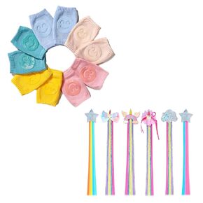 Hair Clips for Girls and Baby knee Pads for Crawling - 5 Pack Anti Slip Unisex Baby Knee Protectors 6 Pcs Rainbow Hair Extensions
