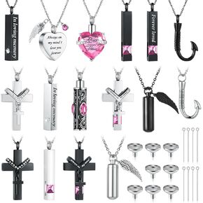 Huquary 16 Pcs Urn Necklace for Ashes Waterproof Stainless Steel Carved Ashes Locket with 8 Filling Kit Heart Cylinder Cross Cubic Fish Hook Jewelry for Ashes with Wing Diamond for Men Women