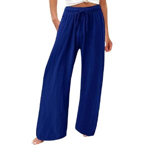 Women's Summer Drawstring Wide Leg Loose Cotton Linen Palazzo Pants High Waisted Linen Flowy Trousers Casual Lounge Pant