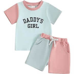 Toddler Baby Girl Clothes Contrast Color Summer Outfit Short Sleeve Letter Print T Shirt and Shorts 6 12 18 24M Set