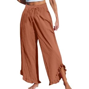 Women's Pants Linen Pants Summer High Waisted Palazzo Pants Wide Leg Drawstring Elastic Waist Loose Comfy Trousers