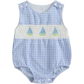Baby Girl Boy Summer Clothes Sailing Boat Embroidery Gingham Sleeveless Romper Bodysuit Outfit 0 3 6 9 12 18 Months