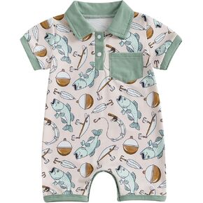 Newborn Infant Baby Boy Fishing Outfit First Birthday Clothes Summer Short Sleeve Romper Jumpsuit