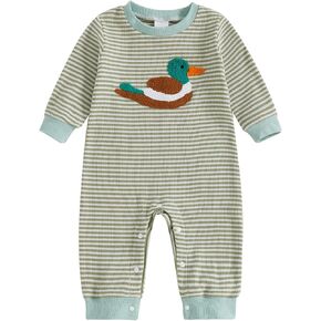Newborn Boy Hunting Clothes Mallard Duck Baby Jumpsuit Long Sleeve Stripe Waffle Romper Bodysuit Fall Outfits
