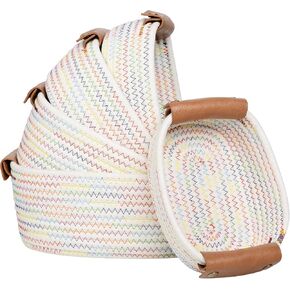 ECDYQXVU Small Woven Storage Baskets Cute Cotton Rope Basket Set 5 Pack | 5 Sizes Set, Leather Handles, Keeps Shape, Easy to Clean, Living Room, Bathroom, Drawer Organizer, Socks, Cosmetics, Decor in Kuwait