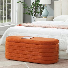 Modern Oval Storage Ottoman Bench, Upholstered Boucle Teddy Fabric End of Bed Bench with Storage, End of Bed Stool with Safety Hinge for Bedroom, Living Room, Entryway, Dark Green