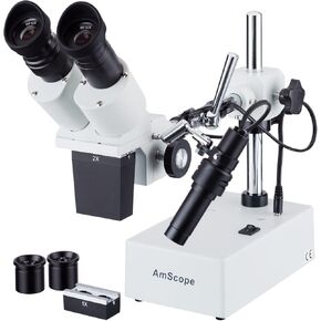 AMSCOPE SE402X مجهر ستيريو مجهر احترافي ، WF5X و WF10X العدسة ، تكبير 5x/10x/20x ، أهداف 1x و 2x ، إضاءة التنغستن ، حامل الذراع ، 110V-120V