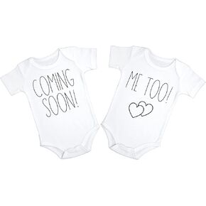 Coming Soon Twins Pregnancy Announcement Bodysuit | Our Family is Growing x2 | Set of 2 Baby Jumpsuits (0-3 months), White