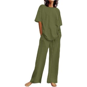 Casual 2 Piece Outfit for Women Lounge Sets Solid Color Short Sleeve Summer Top and Wide Leg Cotton Linen Pants Sets