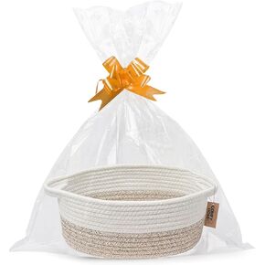 COMFY HOMI Small Woven Baskets with Handles, Gift Bags and Ribbons - Durable Cotton Rope Storage Organizer for Baby Basket, Dog Toy Basket Box, Gift Baskets Empty, Mother’s Day-12x8x5 Inch, Whitebrown