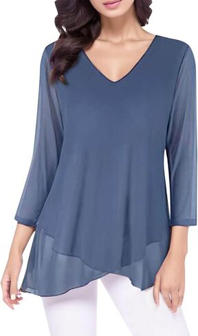 Womens Dressy 3/4 Sleeve Tunic Tops Asymmetric Hem Blouses Lightweight Mesh Shirt Long Sleeved Shirts for Women in Saudi Arabia