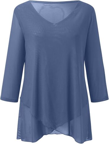 Womens Dressy 3/4 Sleeve Tunic Tops Asymmetric Hem Blouses Lightweight Mesh Shirt Long Sleeved Shirts for Women in Saudi Arabia