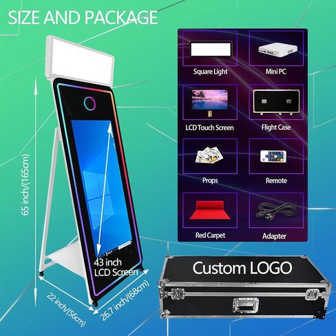 65''Magic Mirror Photo Booth Machine,Mirror Photo Booth 43''Touch Screen,Photo Booth with Flight Case,App Control,RGB Light for Wedding Party Events (Black, Machine) in Saudi Arabia