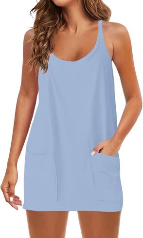 Summer Dresses Shirt for Women Sleeveless Mini V Neck Dress Spaghetti Strap Sundress Athletic Short Dress With Pockets in Saudi Arabia