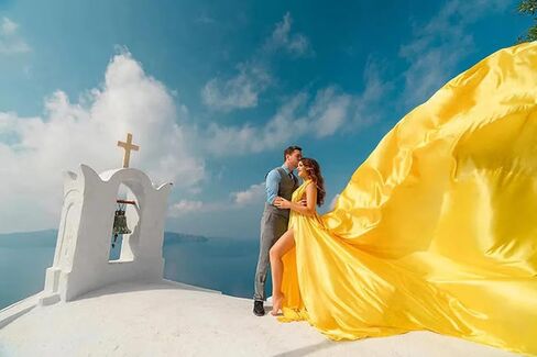 Yellow Long Tail Flying Dress for Women's Wedding, Maternity Photoshoot Santorini Flying Dress for Photoshoot | Long Tail Satin Maxi in Saudi Arabia