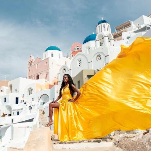 Yellow Long Tail Flying Dress for Women's Wedding, Maternity Photoshoot Santorini Flying Dress for Photoshoot | Long Tail Satin Maxi in Saudi Arabia