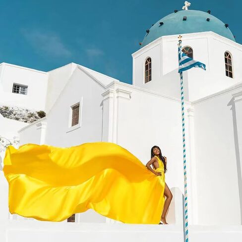 Yellow Long Tail Flying Dress for Women's Wedding, Maternity Photoshoot Santorini Flying Dress for Photoshoot | Long Tail Satin Maxi in Saudi Arabia