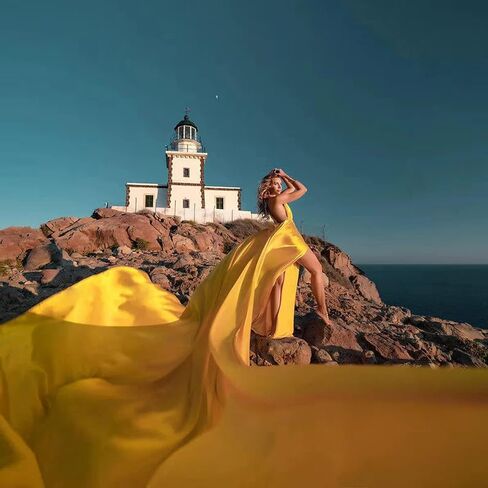 Yellow Long Tail Flying Dress for Women's Wedding, Maternity Photoshoot Santorini Flying Dress for Photoshoot | Long Tail Satin Maxi in Saudi Arabia