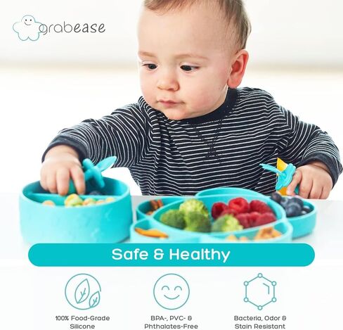grabease Silicone Suction Plate for Baby & Toddler Self-Feeding, 6-Section Dish With Stay-Put Grip, BPA and Phthalates-Free, Dishwasher and Microwave Safe, Bright Teal in Kuwait