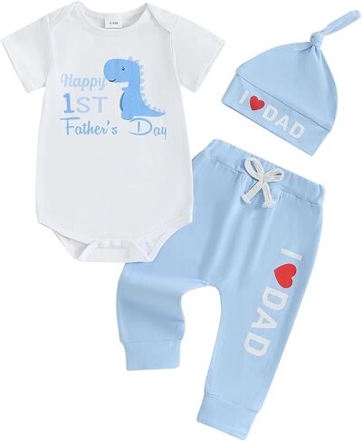 FIOMVA First Fathers Day Outfits Baby Girl Boy Short Sleeve Romper Onesie Long Pants Hat Set Newborn 1st Fathers Day Clothes in Saudi Arabia