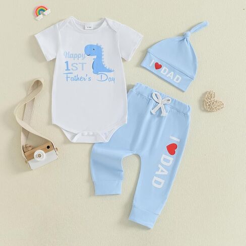 FIOMVA First Fathers Day Outfits Baby Girl Boy Short Sleeve Romper Onesie Long Pants Hat Set Newborn 1st Fathers Day Clothes in Saudi Arabia