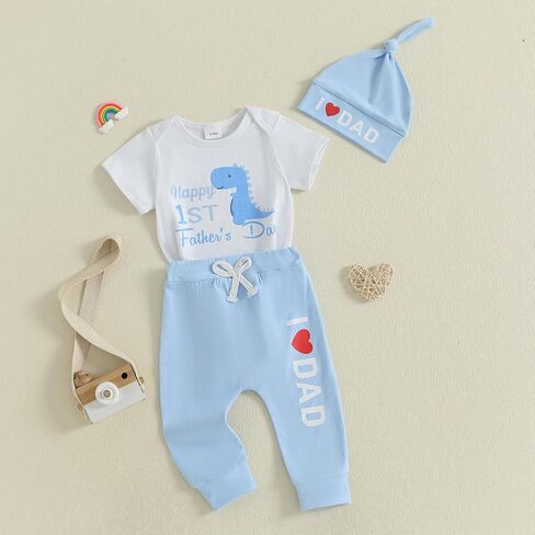 FIOMVA First Fathers Day Outfits Baby Girl Boy Short Sleeve Romper Onesie Long Pants Hat Set Newborn 1st Fathers Day Clothes in Saudi Arabia