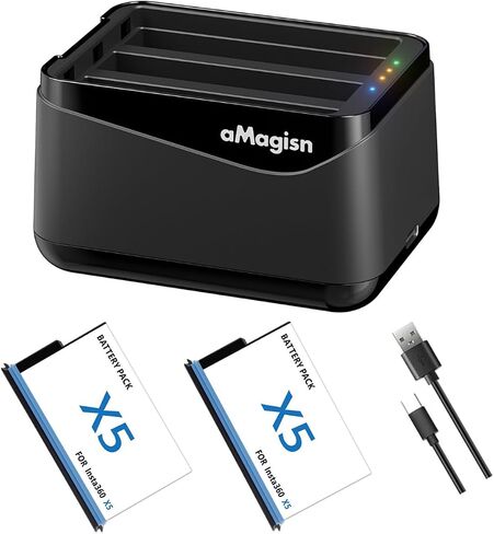 Battery Charger Kit for Insta360 X5,Simultaneous Charging of 3 Batteries with Misro SD Card Slots (Charger+2 Battery) in Kuwait