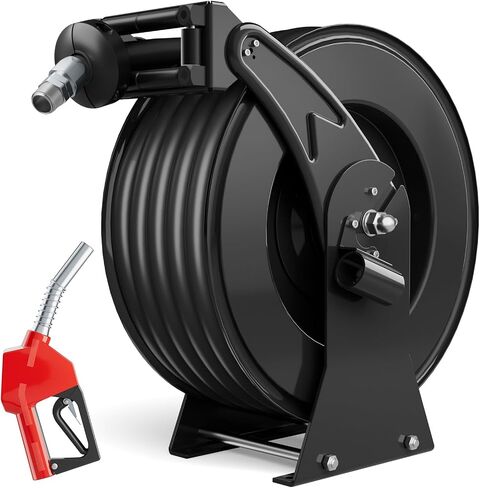 Fuel Hose Reel, 3/4" x 50FT Extra Long Diesel Reel with Fueling Nozzle, 300 PSI Industrial Auto Swivel Rewind Fuel Retractable Diesel Hose for Vehicle Tank Truck Trailer Ship, Red in Saudi Arabia