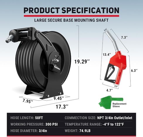 Fuel Hose Reel, 3/4" x 50FT Extra Long Diesel Reel with Fueling Nozzle, 300 PSI Industrial Auto Swivel Rewind Fuel Retractable Diesel Hose for Vehicle Tank Truck Trailer Ship, Red in Saudi Arabia