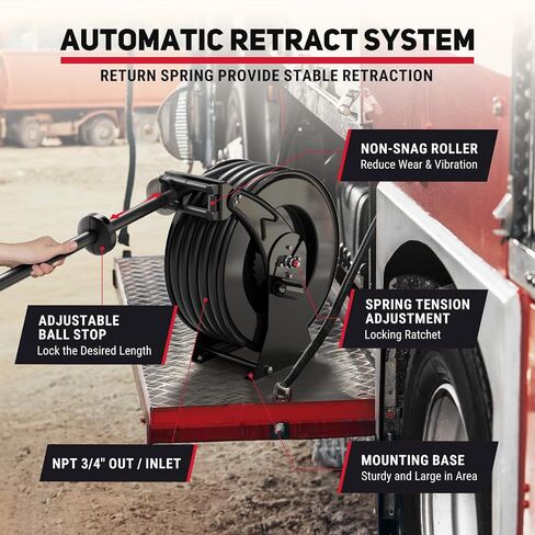 Fuel Hose Reel, 3/4" x 50FT Extra Long Diesel Reel with Fueling Nozzle, 300 PSI Industrial Auto Swivel Rewind Fuel Retractable Diesel Hose for Vehicle Tank Truck Trailer Ship, Red in Saudi Arabia