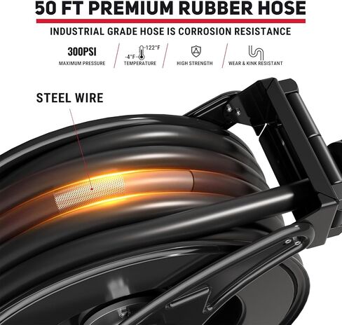 Fuel Hose Reel, 3/4" x 50FT Extra Long Diesel Reel with Fueling Nozzle, 300 PSI Industrial Auto Swivel Rewind Fuel Retractable Diesel Hose for Vehicle Tank Truck Trailer Ship, Red in Saudi Arabia