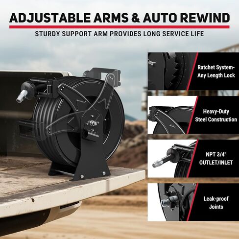 Fuel Hose Reel, 3/4" x 50FT Extra Long Diesel Reel with Fueling Nozzle, 300 PSI Industrial Auto Swivel Rewind Fuel Retractable Diesel Hose for Vehicle Tank Truck Trailer Ship, Red in Saudi Arabia