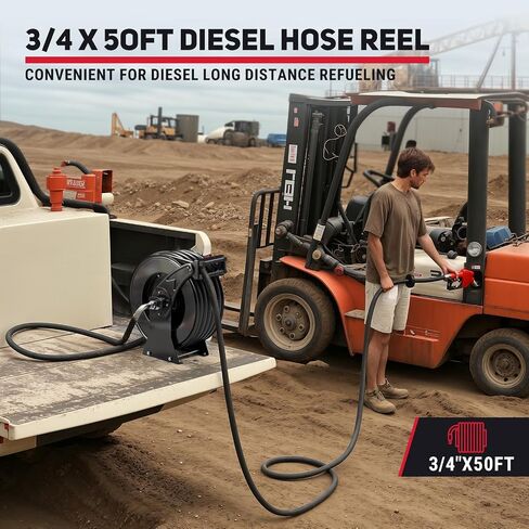 Fuel Hose Reel, 3/4" x 50FT Extra Long Diesel Reel with Fueling Nozzle, 300 PSI Industrial Auto Swivel Rewind Fuel Retractable Diesel Hose for Vehicle Tank Truck Trailer Ship, Red in Saudi Arabia