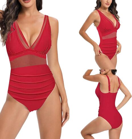 Women's One-Piece Swimsuit with Mesh Panel - Conservative High-Waisted Bathing in Saudi Arabia